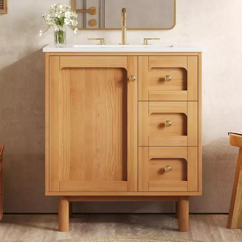 JVNOXK 76 cm rustikaler moderner Waschtischunterschrank aus Keramik mit 3 Schubladen und 1 großen Soft-Close-Tür, Aufbewahrungsschrank, natürliche Holzmaserung