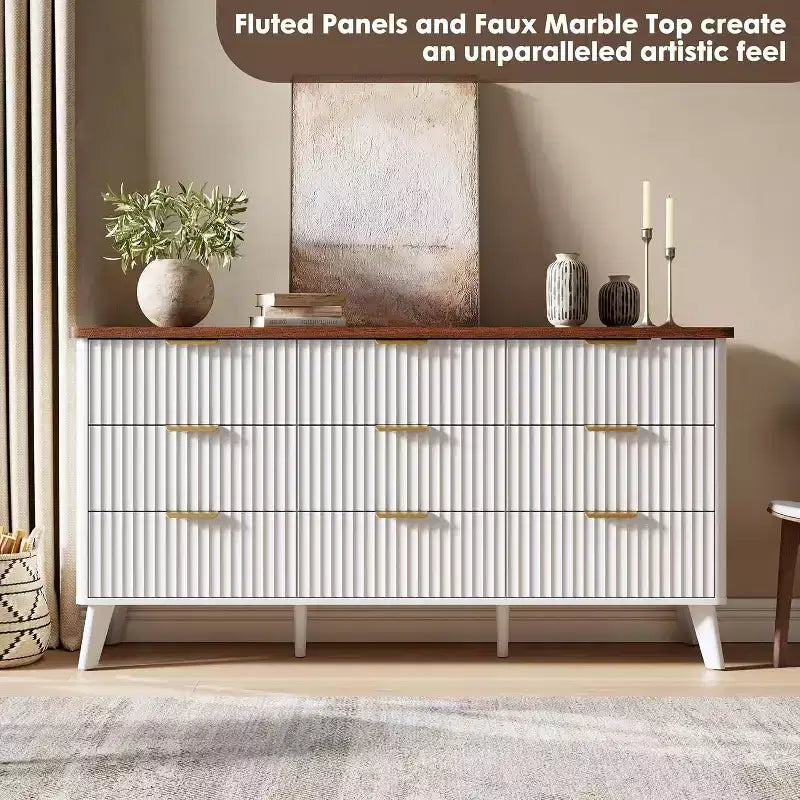 Dressoir met 9 laden en geribbelde voorkant, moderne ladekast, houten dressoir/TV-meubel met gebogen profiel, voor woonkamer of hal