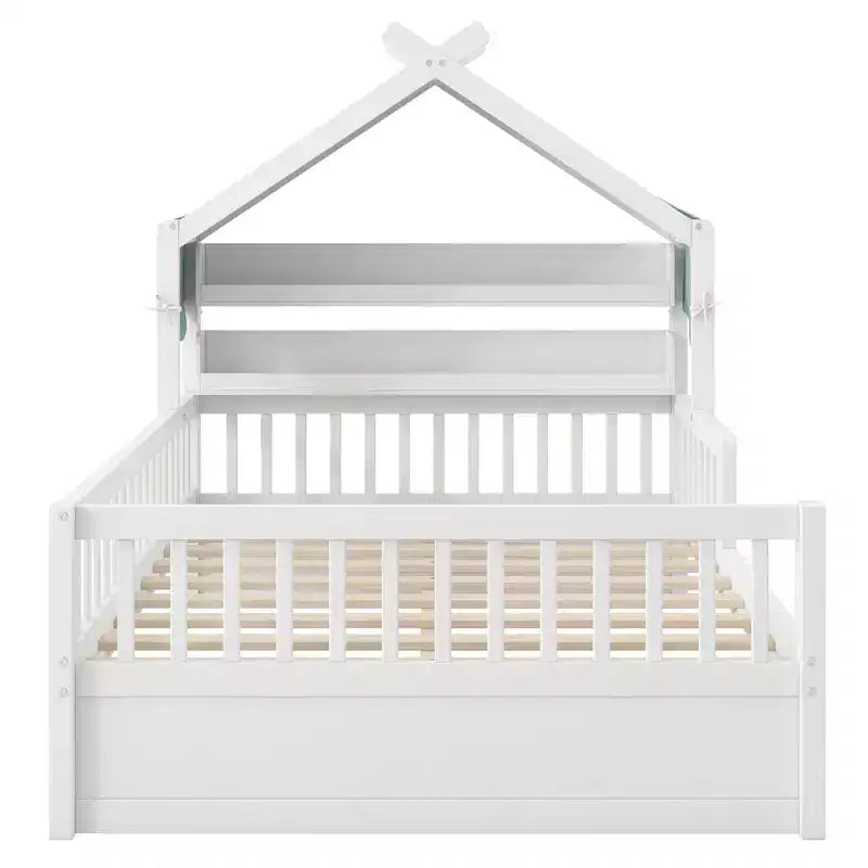 Letto a casetta in legno ModernLuxe per letto singolo/matrimoniale con testiera contenitore, struttura letto per bambini in pino massello con sponde di sicurezza