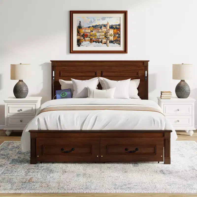 ModernLuxe Plattformbett in Queen-/King-Size mit hohem Kopfteil, rustikaler Bettrahmen aus Holz mit 2 Schubladen, LED-Leuchten und USB-Anschlüssen