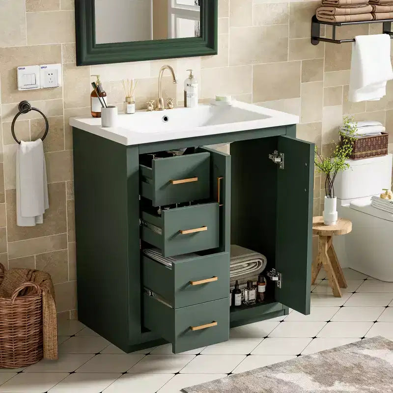 Vanity tal-kamra tal-banju b’sink wieħed ta’ 30 u kabinett b’3 kxaxen - Iswed / Blu / Aħdar / Indigo / Abjad