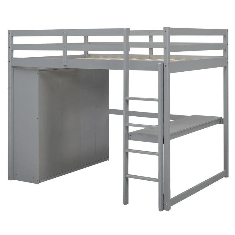 Houten hoogslaper voor tweepersoonsmatras met ingebouwde kledingkast, bureau, opbergplanken en laden