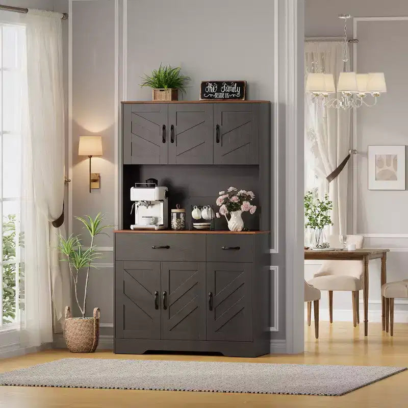 Keukenvoorraadkast van 71 inch met laadstation, groot aanrechtblad, magnetronstandaard en 2 laden, vitrinekastopbergruimte voor eetkamer en woonkamer
