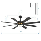 65 Inch 8-Blade Black LED Ceiling Fan with Light and Remote