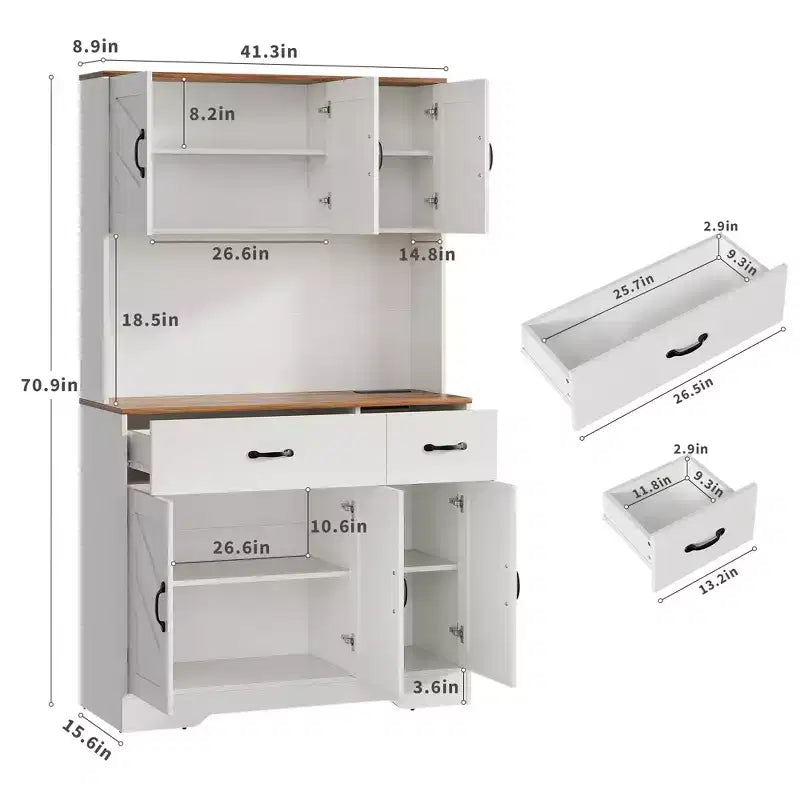 Keukenvoorraadkast van 71 inch met laadstation, groot aanrechtblad, magnetronstandaard en 2 laden, vitrinekastopbergruimte voor eetkamer en woonkamer