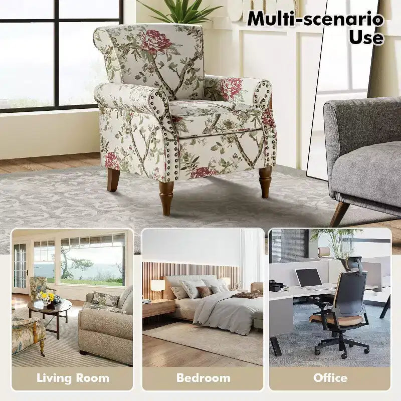 Araceli traditionele houten bloemenfauteuil met bekleding, hoge rugleuning en sierspijkerrand| ART OF LIVING DESIGNS