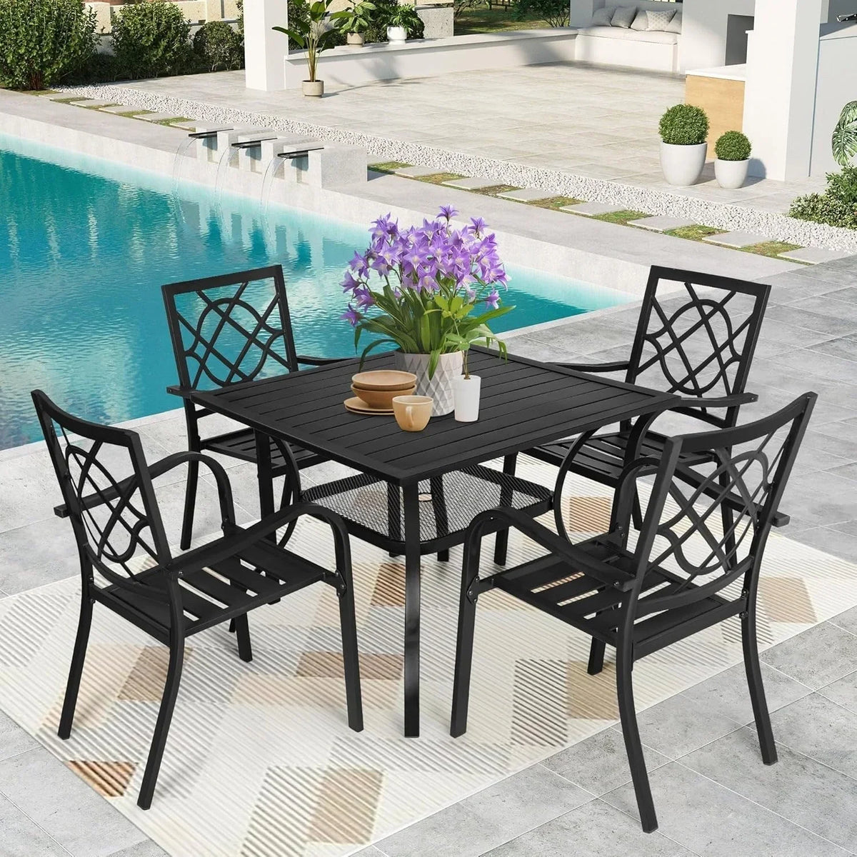Set da pranzo SUNCROWN da esterno per patio, da 5/7 pezzi, in acciaio, con tavolo a doghe metalliche e sedie impilabili, struttura verniciata a polvere