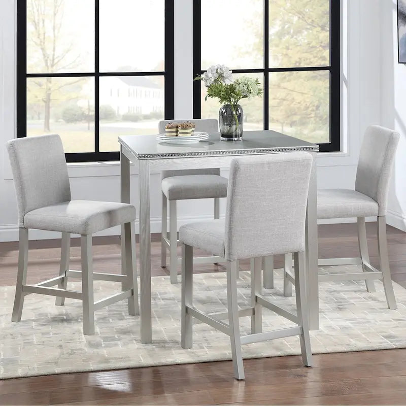 Set da pranzo moderno da 5 pezzi con tavolo quadrato ad altezza bancone e 4 sedie imbottite