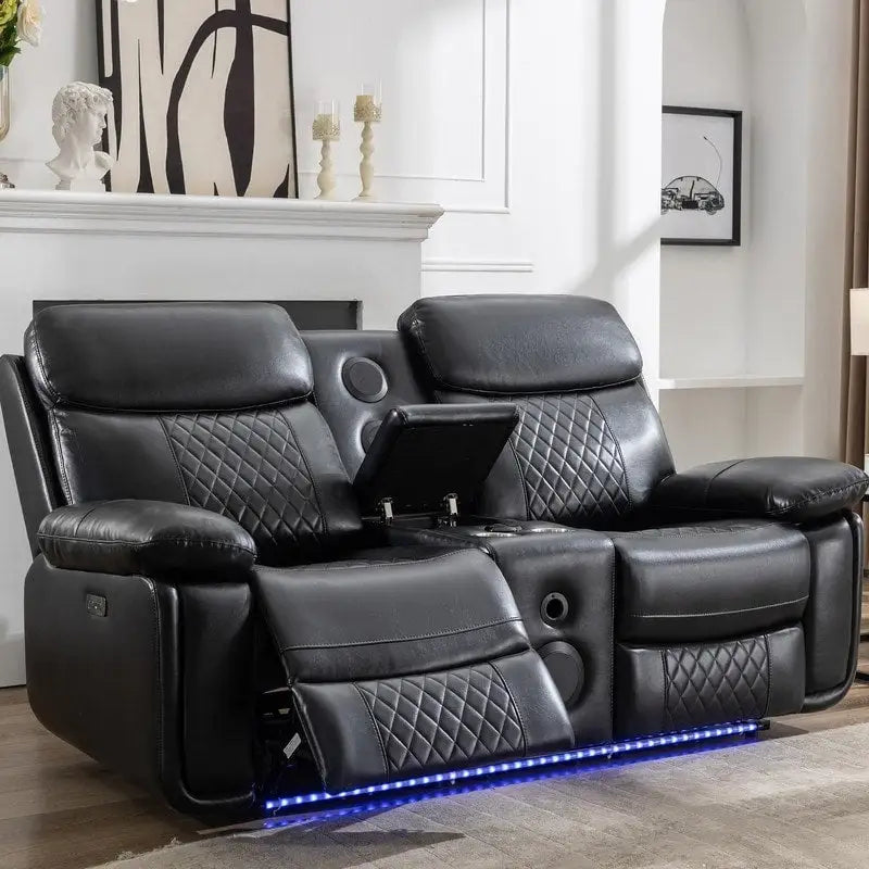 Elektrisch verstellbares Sofa mit kabellosem Ladegerät, Leselicht, LED-Beleuchtung für das Wohnzimmer, Kunstleder, AC-/USB-Anschluss, Getränkehalter, Schwarz