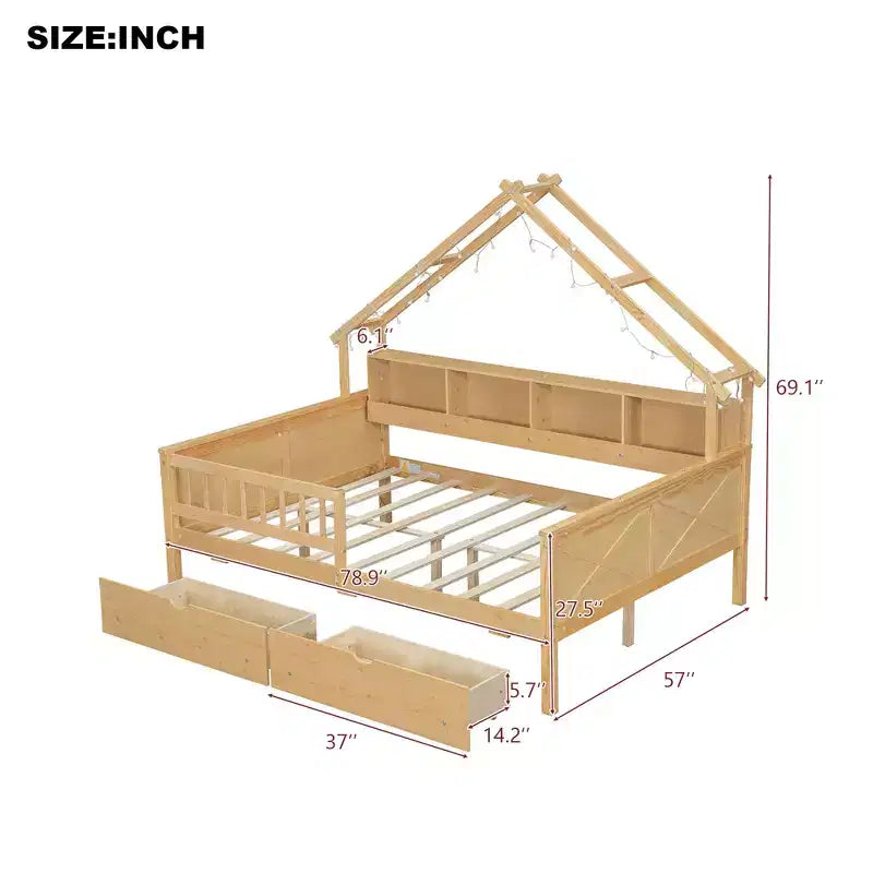 Struttura letto a casetta matrimoniale con cassetti, letto a piattaforma a casetta con luci LED, ripiani e cassetti contenitori, letto da giorno in legno con tetto e sponde di protezione