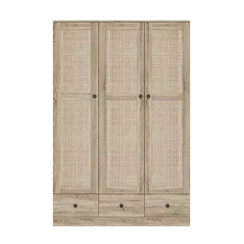 Famapy Rattan-Kleiderschrank mit 3 Schubladen, Schrank mit 3 atmungsaktiven Rattantüren, hoher Stauraumschrank im Landhausstil für das Schlafzimmer