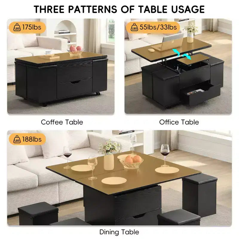 Multifunktionaler moderner Couchtisch mit Liftplatte, verborgenem Stauraum, 4 Hockern und Rollen – perfekt für moderne Wohnbereiche