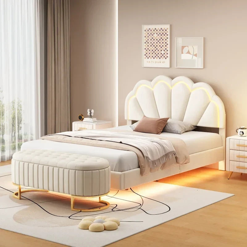 Sett tas-sodda 2-biċċiet b'sodda platforma doppja LED u pouf għall-ħażna