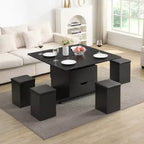Multifunktionaler moderner Couchtisch mit Liftplatte, verborgenem Stauraum, 4 Hockern und Rollen – perfekt für moderne Wohnbereiche