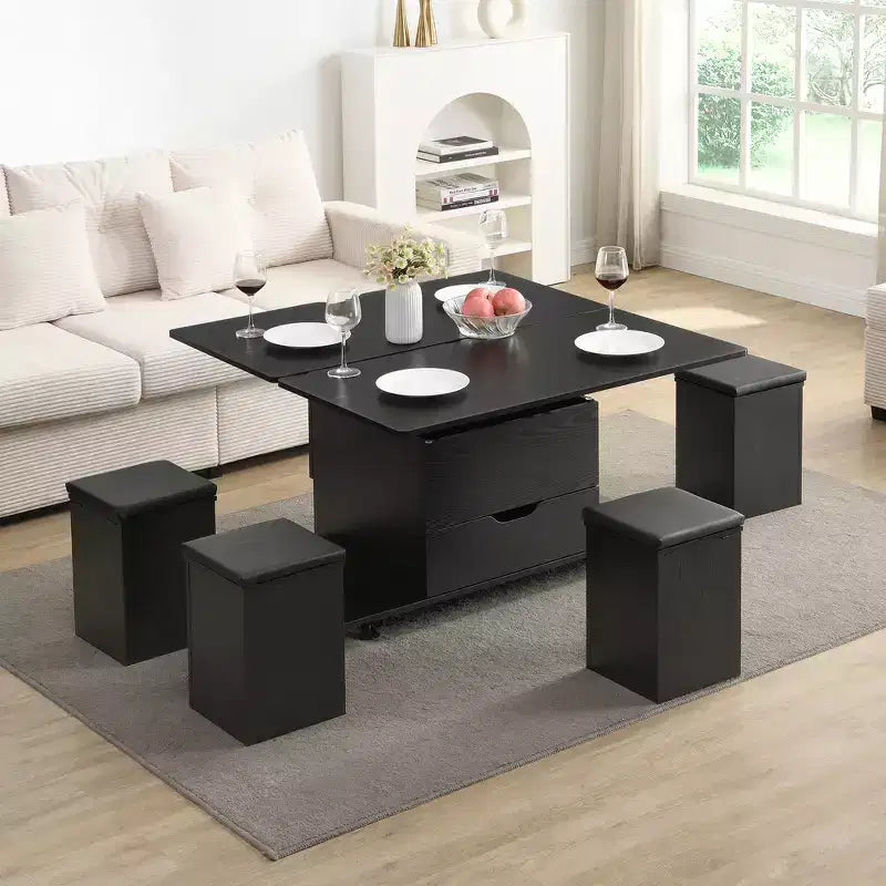 Multifunktionaler moderner Couchtisch mit Liftplatte, verborgenem Stauraum, 4 Hockern und Rollen – perfekt für moderne Wohnbereiche