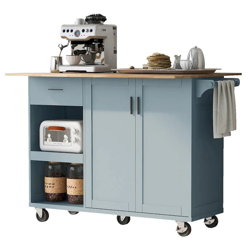 Isola da cucina con piano di lavoro pieghevole, carrello portaoggetti da cucina con ripiano estraibile, portasciugamani e cassetto, ruote girevoli