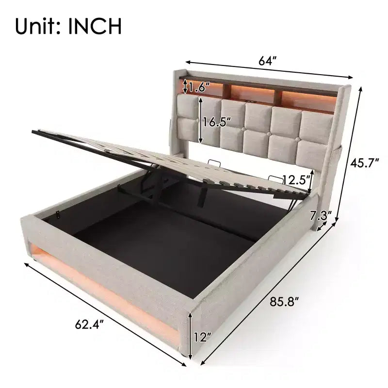 Letto matrimoniale queen size con contenitore idraulico, LED, USB, testiera imbottita, senza rete a doghe, facile da montare