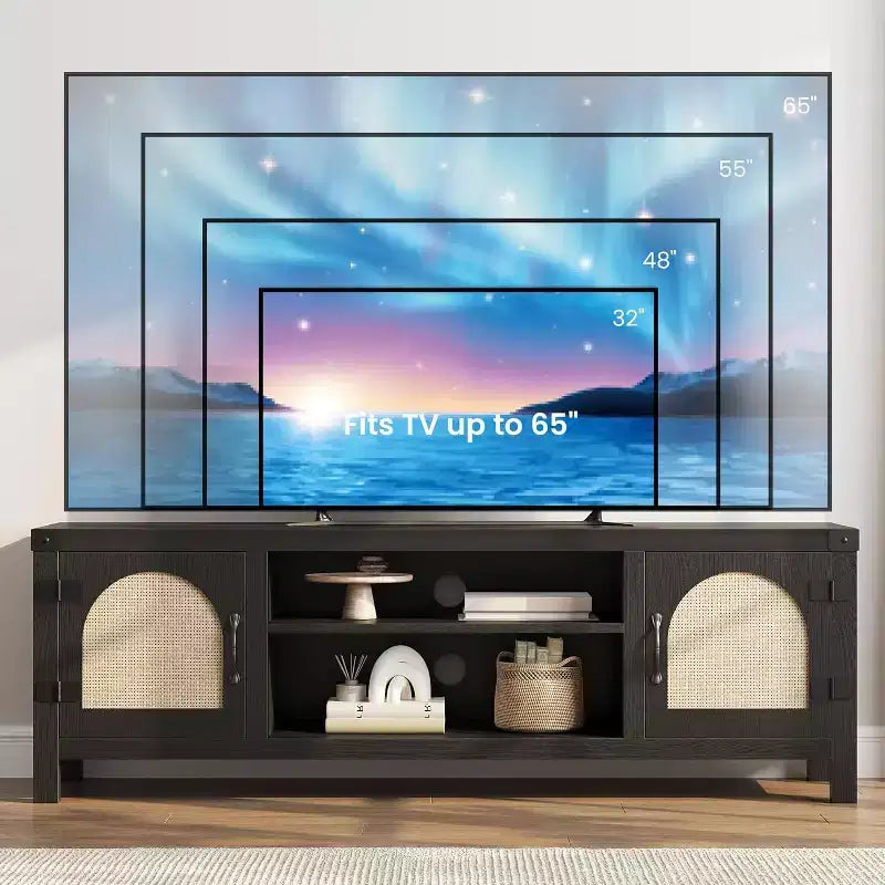 Mobile TV in stile boho da 65 pollici con anta in vimini - Centro di intrattenimento in legno con due armadietti e ripiani regolabili, adatto ai soggiorni