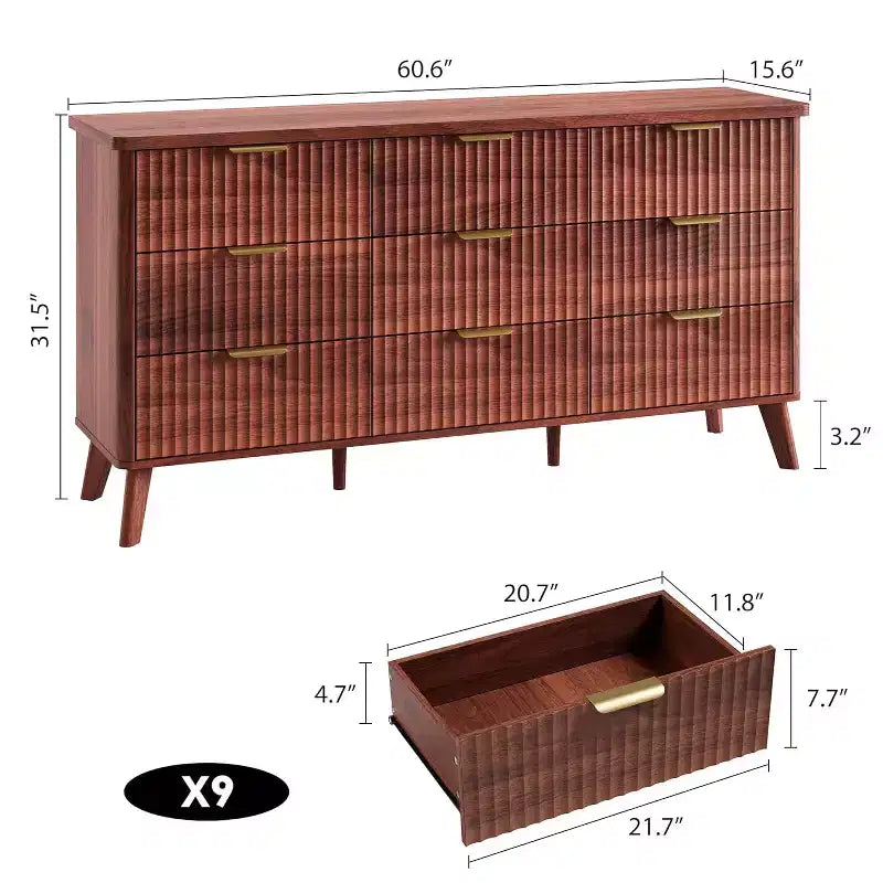 Dressoir met 9 laden en geribbelde voorkant, moderne ladekast, houten dressoir/TV-meubel met gebogen profiel, voor woonkamer of hal