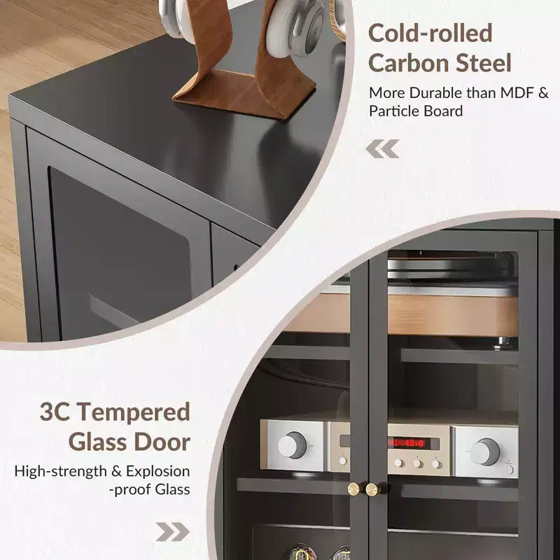 Bekrvio Metall-Mediaschrank, 4-stufiger Stereoschrank mit Glastüren und verstellbaren Einlegeböden, Audio-AV-Rack mit Kabelmanagement