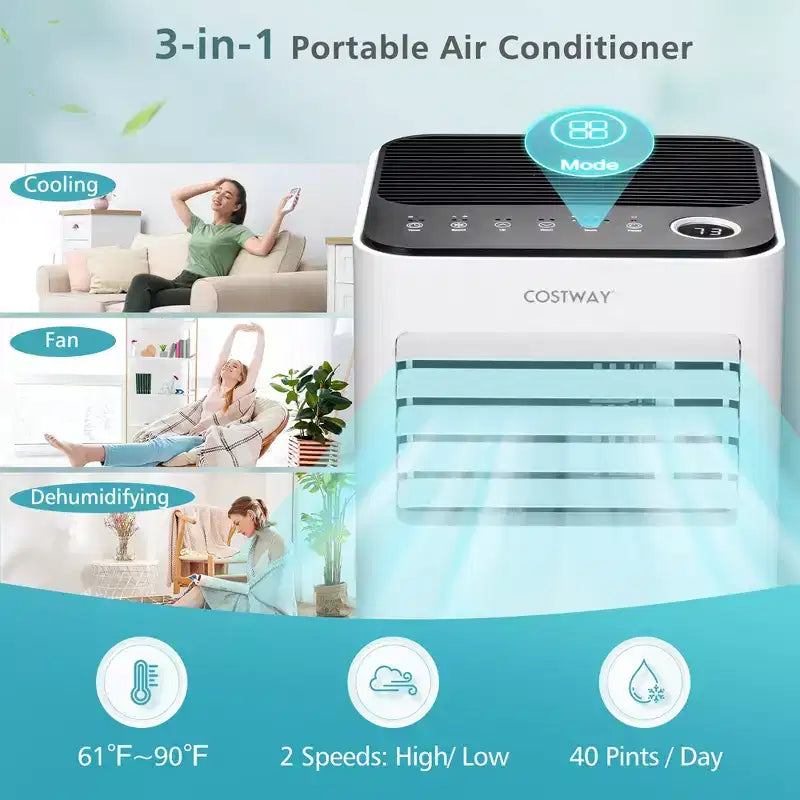 Costway draagbare airconditioner van 8000 BTU, 3-in-1-luchtkoeler met ventilator, ontvochtigings- en slaapmodus