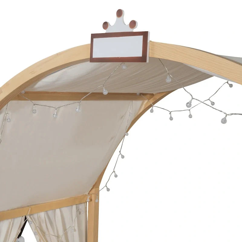 Letto Montessori a piattaforma in legno massello a forma di casetta, con tetto ad arco e letto estraibile, per bambine e bambini