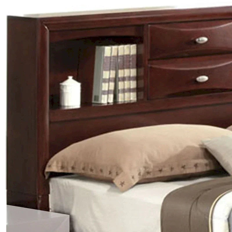 Letto matrimoniale dal design a pannelli con libreria e cassetti, marrone