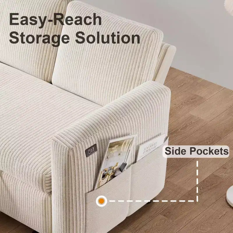 Dyonery Divano letto estraibile 2 in 1 con chaise longue contenitore, divano componibile in velluto a coste C con porte USB per il soggiorno