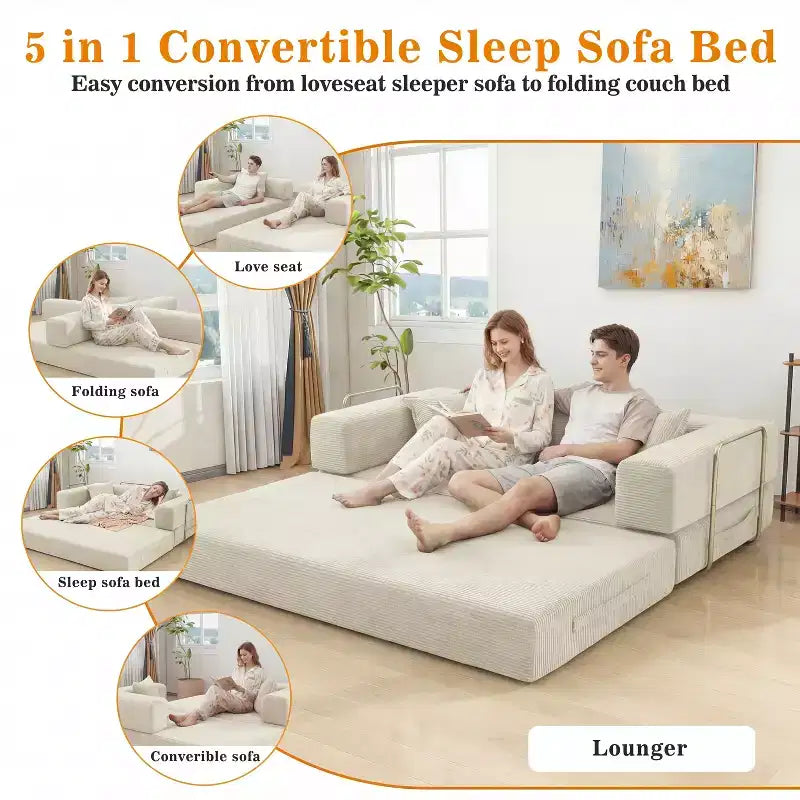 Divano letto pieghevole Dyonery 78, divano in velluto a coste convertibile, letto da pavimento king size, combinazione modulare fai da te 4-in-1, divano apribile confortevole