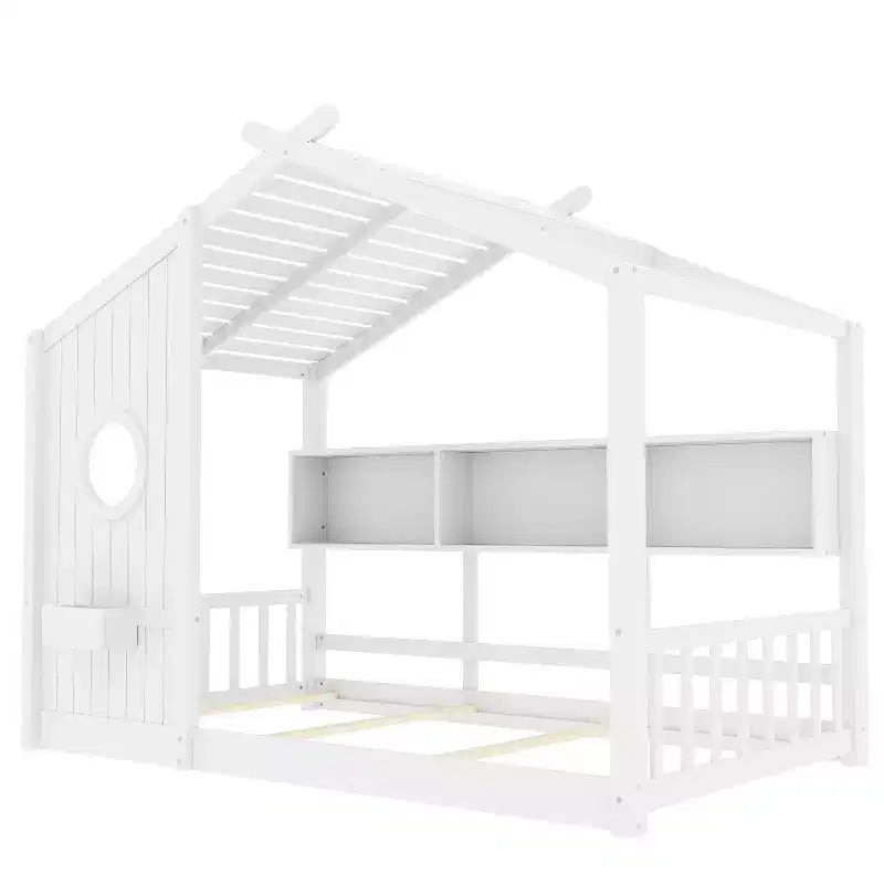 Huisvormig platformbed voor eenpersoonsbed/tweepersoonsbed, peuter-vloerbed, Montessori-kinderbed en speelhuisbed met opbergplank - ModernLuxe