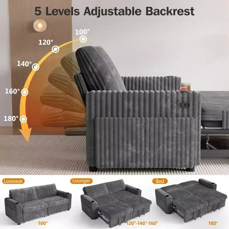 Dyonery 91 Eckschlafsofa mit ausziehbarem Bett, verstellbarer Rückenlehne, zwei ausziehbaren Betten, USB-Anschlüssen und Getränkehaltern, weicher Cordbezug