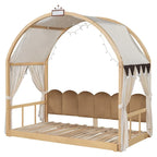 Letto Montessori a piattaforma in legno massello a forma di casetta, con tetto ad arco e letto estraibile, per bambine e bambini