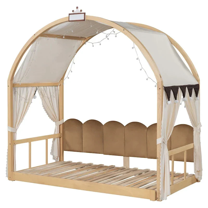 Letto Montessori a piattaforma in legno massello a forma di casetta, con tetto ad arco e letto estraibile, per bambine e bambini