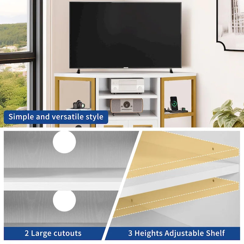 Mobile TV angolare in stile farmhouse, centro d'intrattenimento e consolle multimediale per TV fino a 55" con presa di corrente