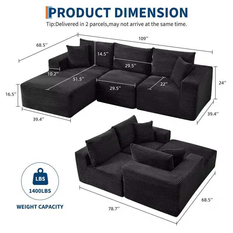 108 modernes Sofa, 3-Sitzer-Sofa in L-Form mit Polsterbezug und Kissen, Sofa mit tiefer Sitzfläche, keine Montage erforderlich