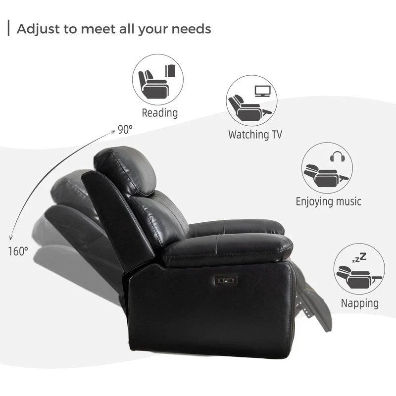Elektrisch verstellbares Sofa mit kabellosem Ladegerät, Leselicht, LED-Beleuchtung für das Wohnzimmer, Kunstleder, AC-/USB-Anschluss, Getränkehalter, Schwarz