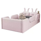 Whisen Twin Platform Bed, Kids Floor Upholstered Bed Frame with Rabbit Cushion, Removable Side Rails