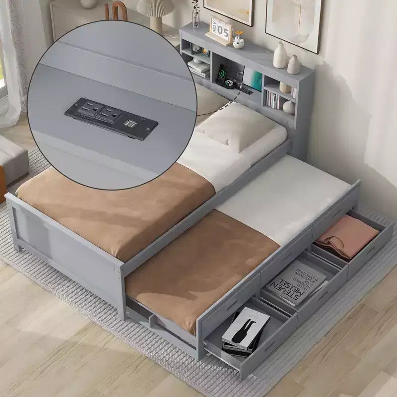 Podestbett mit Ausziehbett und Schubladen, Stauraum-Podestbett mit USB-Anschluss, Holz-Podestbett mit Bücherregal
