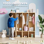 Braun-weißer Garderobenschrank mit 4 Fächern und 8 Haken für Kinder