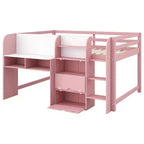 Roze/wit laag halfhoogslaper met bureau, opbergruimte en whiteboard – eenpersoonsbed, voor 1 persoon