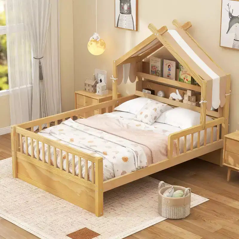 Letto a casetta in legno ModernLuxe per letto singolo/matrimoniale con testiera contenitore, struttura letto per bambini in pino massello con sponde di sicurezza