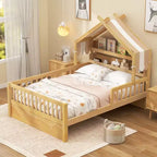 Letto a casetta in legno ModernLuxe per letto singolo/matrimoniale con testiera contenitore, struttura letto per bambini in pino massello con sponde di sicurezza