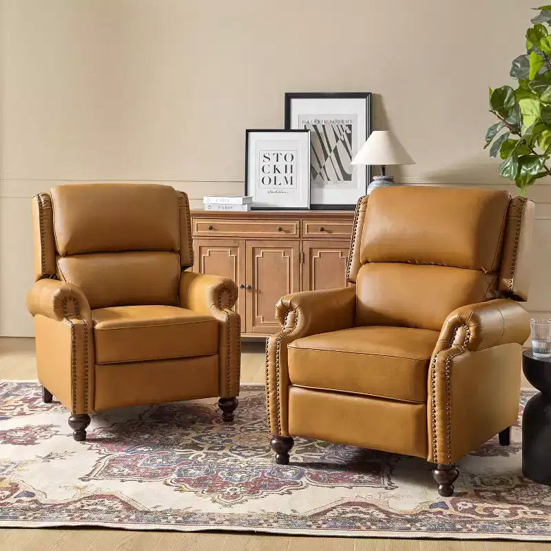 Set van 2 moderne Elisabete-fauteuils met hoge rugleuning van echt leer en vintage spijkerkopafwerking voor woonkamer en slaapkamer| ART OF LIVING DESIGNS