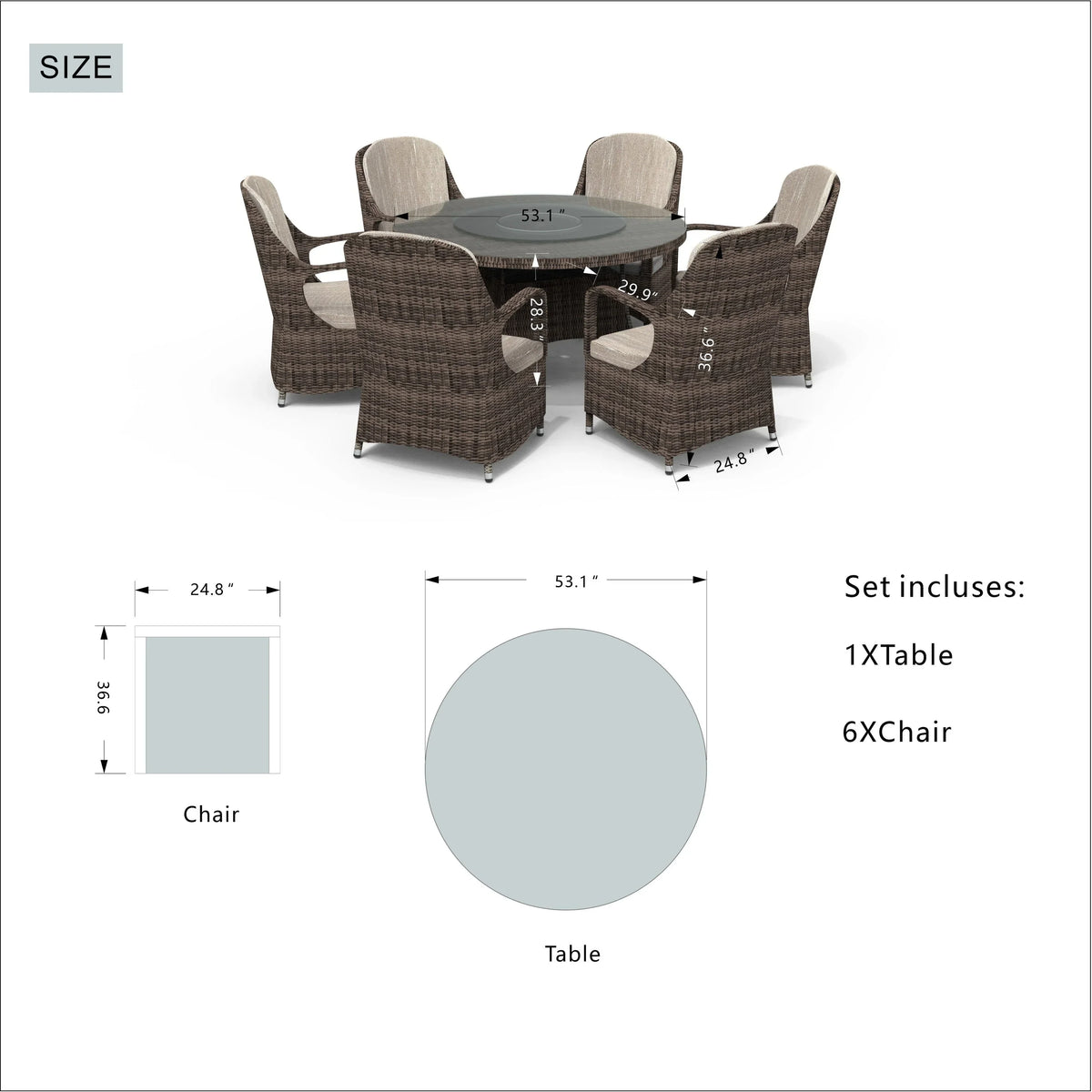 7-delige ronde eetset van rotan voor buiten op het terras, met kussens, van Moda Furnishings