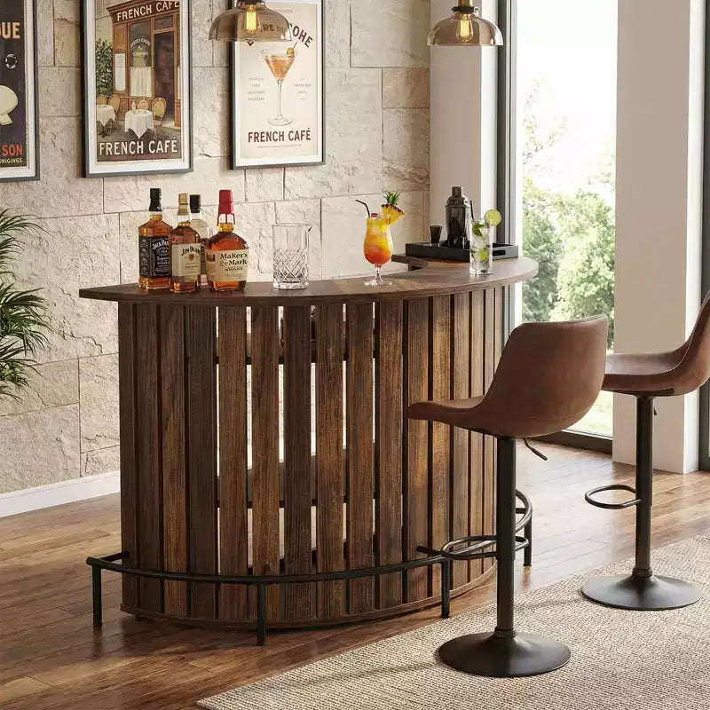 Boogvormige minibartafel met 4 opbergniveaus, modern-rustieke barkast voor thuis met voetensteun en MDF-constructie