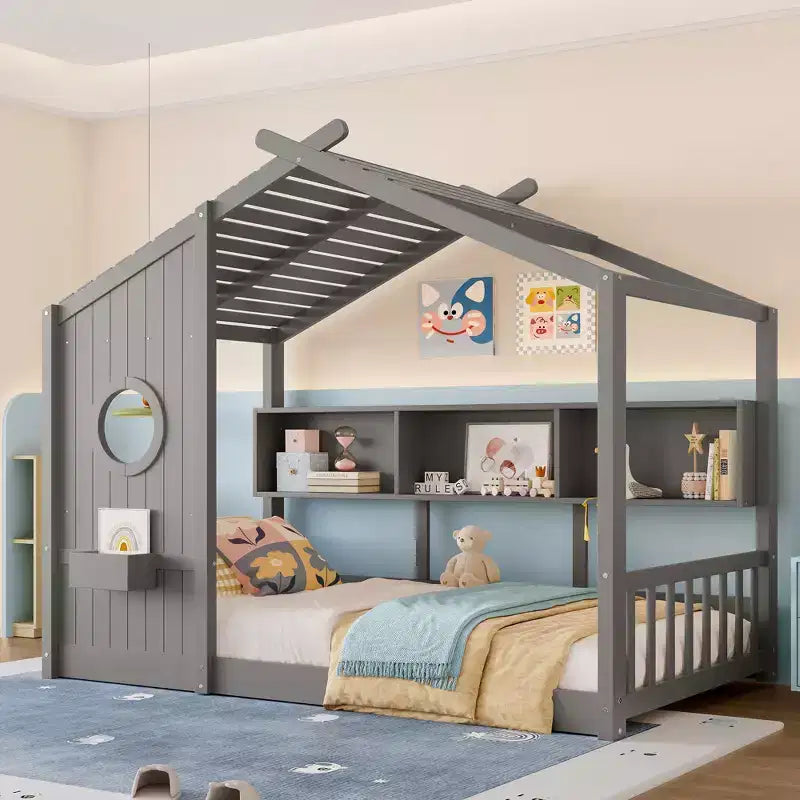 Huisvormig platformbed voor eenpersoonsbed/tweepersoonsbed, peuter-vloerbed, Montessori-kinderbed en speelhuisbed met opbergplank - ModernLuxe
