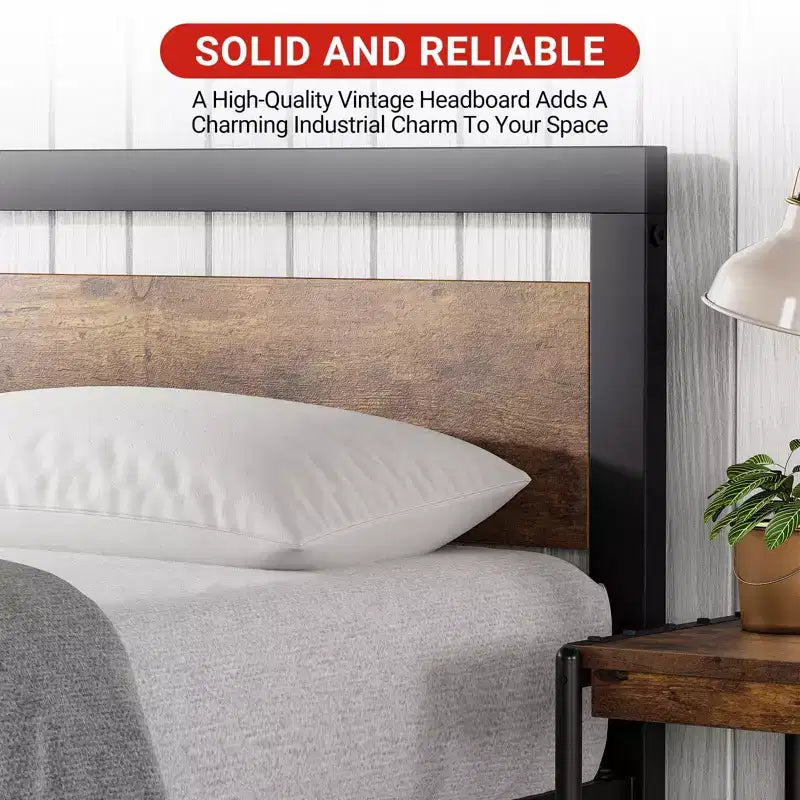 Qafas ta’ sodda heavy-duty b’headboard u footboard, pjattaforma tal-metall b’ħażna ta’ 13.8, mingħajr storbju u assemblaġġ mingħajr għodda, kannella vintage
