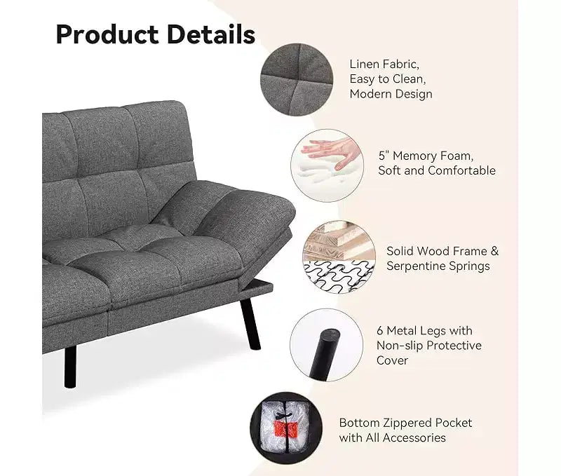 Divano letto futon convertibile con schienale regolabile e braccioli rimovibili
