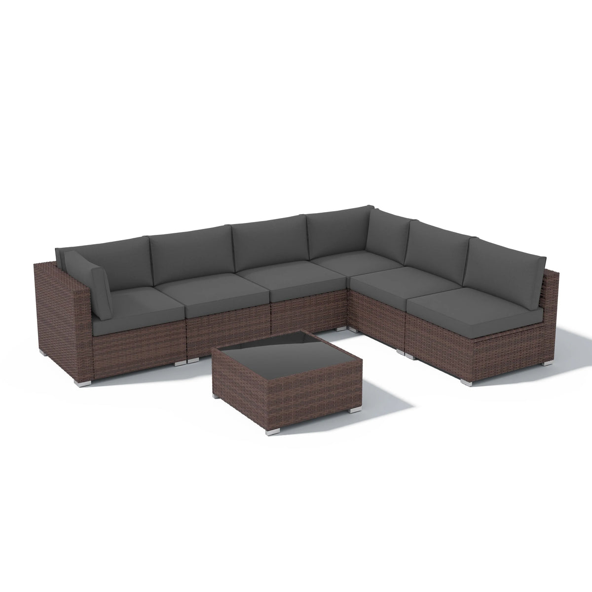 7-delige outdoor loungeset van vlechtwerk en staal met kussens