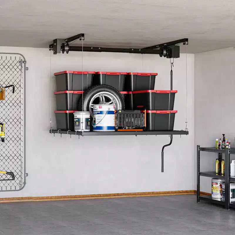 Verstellbares, strapazierfähiges Deckenregal für die Garagenaufbewahrung, deckenmontiert mit Sicherheitsverriegelung, Tragfähigkeit 250 lb für Boxen, Werkzeuge, Fahrräder und die Garage